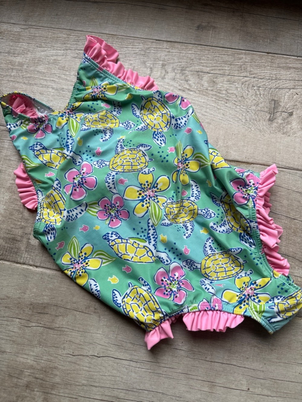 Posh Pickle Co. Girls Green Sea Turtle Print Ruffle One-Piece Swimsuit